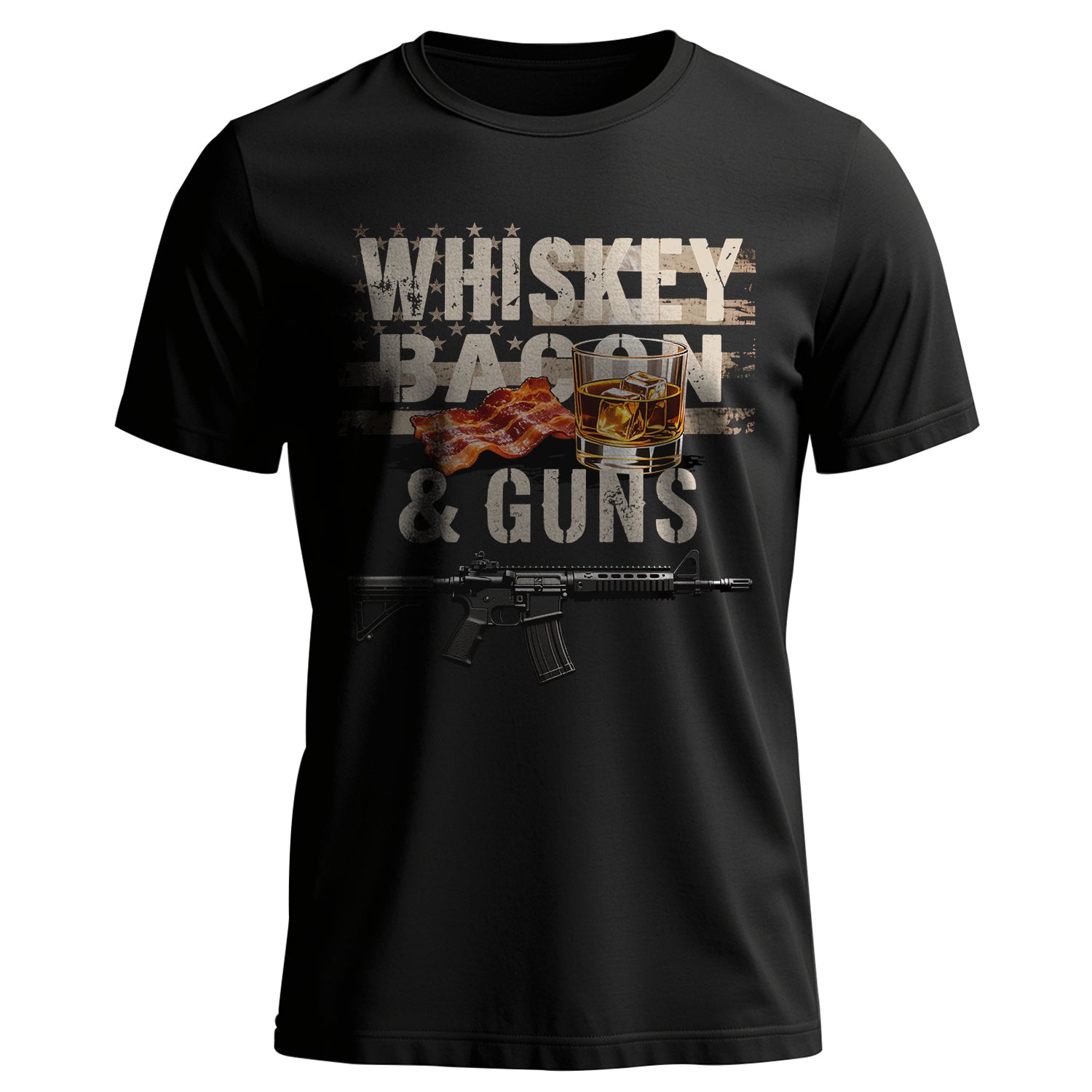 Whiskey Bacon and Guns Proud US Military T-Shirt