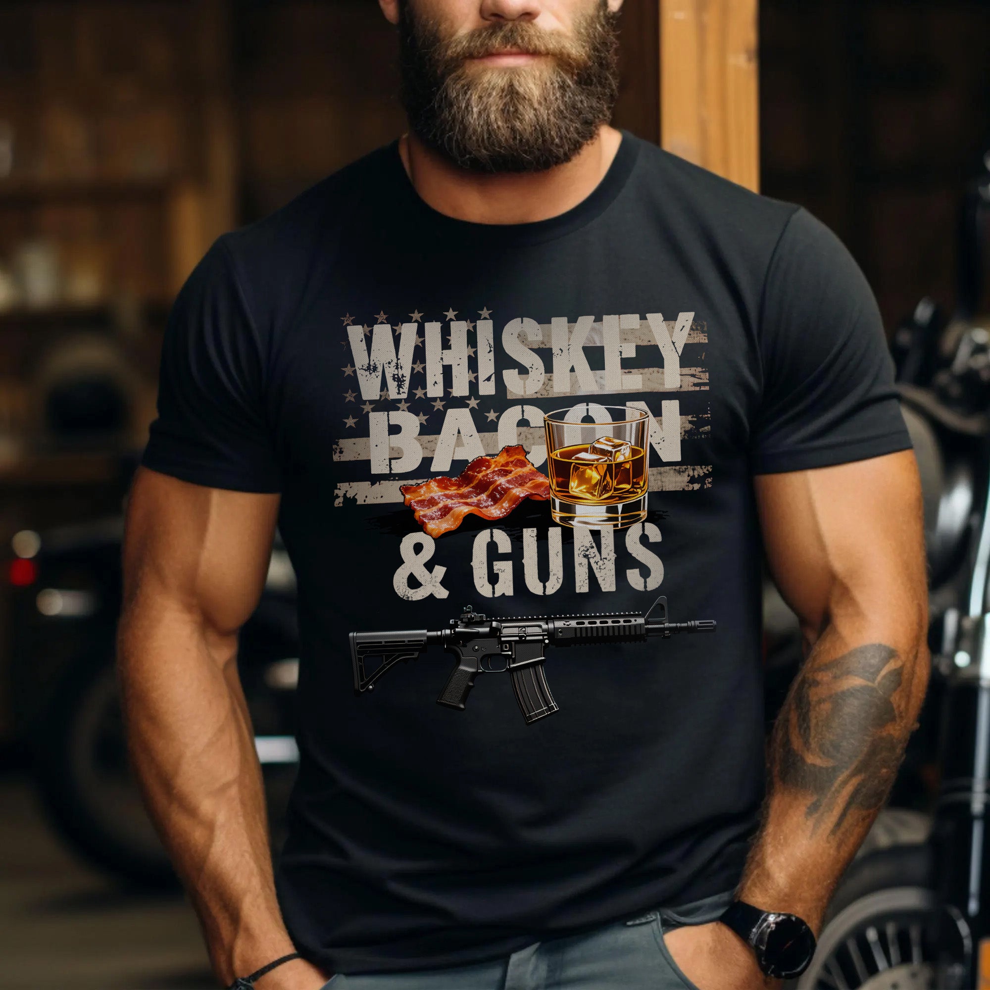 Whiskey Bacon and Guns Proud US Military Veteran Patriotic Humor and Pride T-Shirt