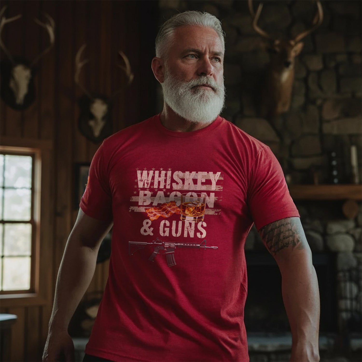 Whiskey Bacon and Guns Proud US Military T-Shirt