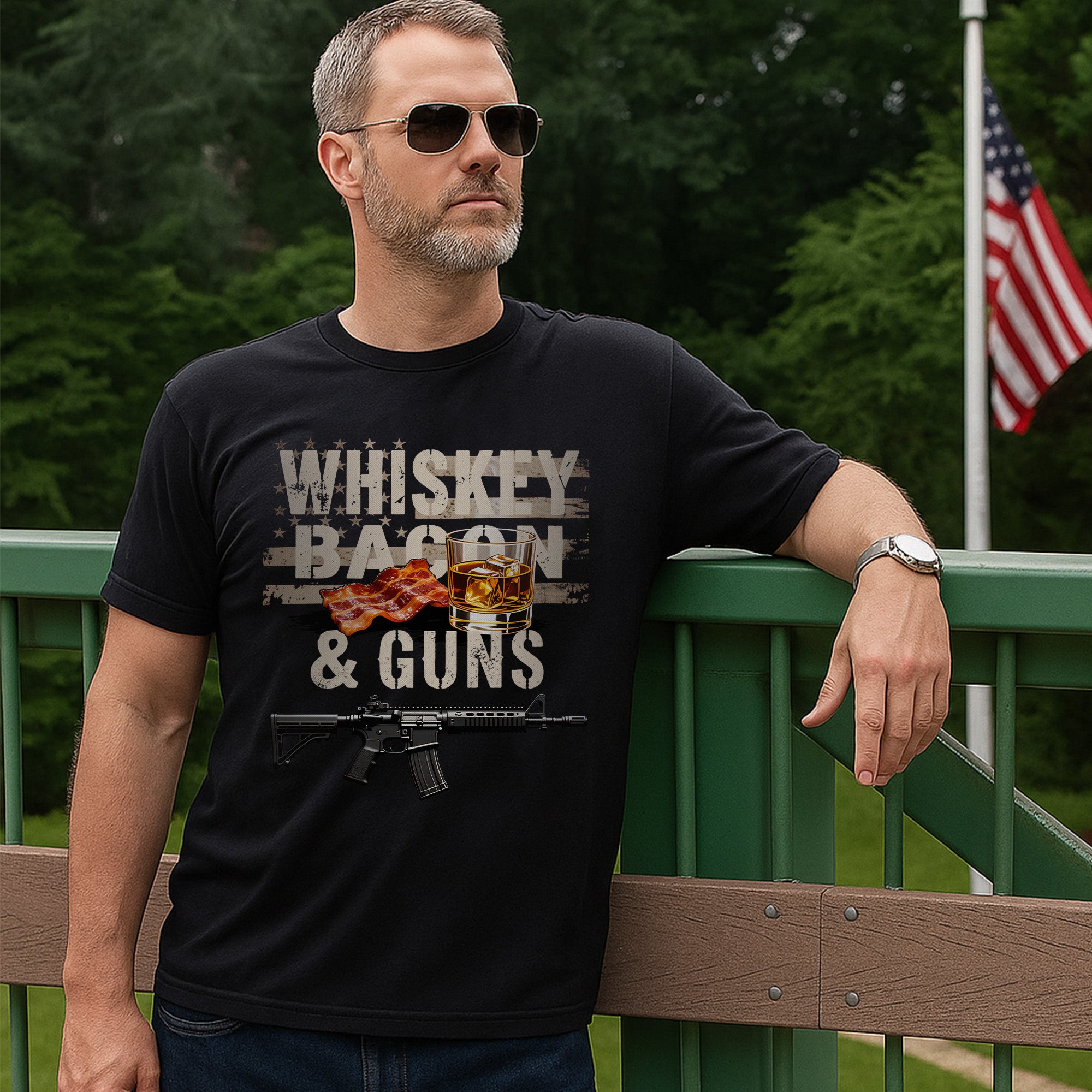 Whiskey Bacon and Guns Proud US Military Veteran Patriotic Humor and Pride T-Shirt