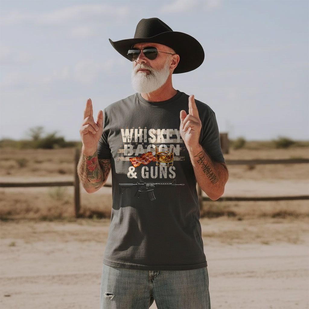 Whiskey Bacon and Guns Proud US Military T-Shirt