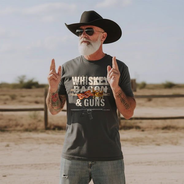 Whiskey Bacon and Guns Proud US Military T-Shirt