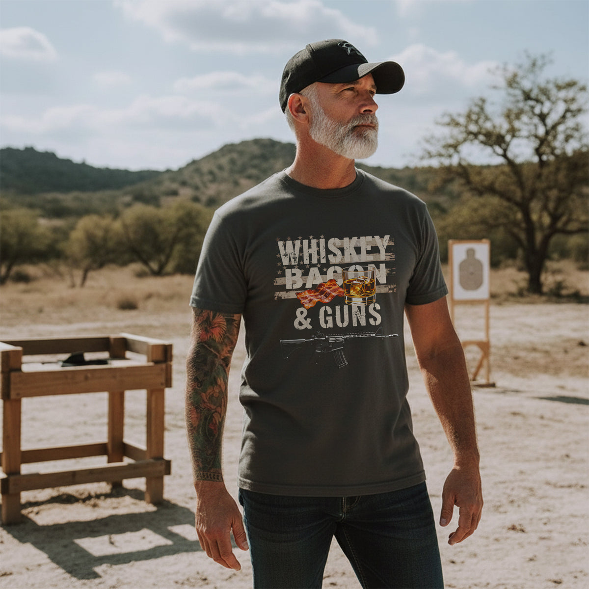 Whiskey Bacon and Guns Proud US Military T-Shirt