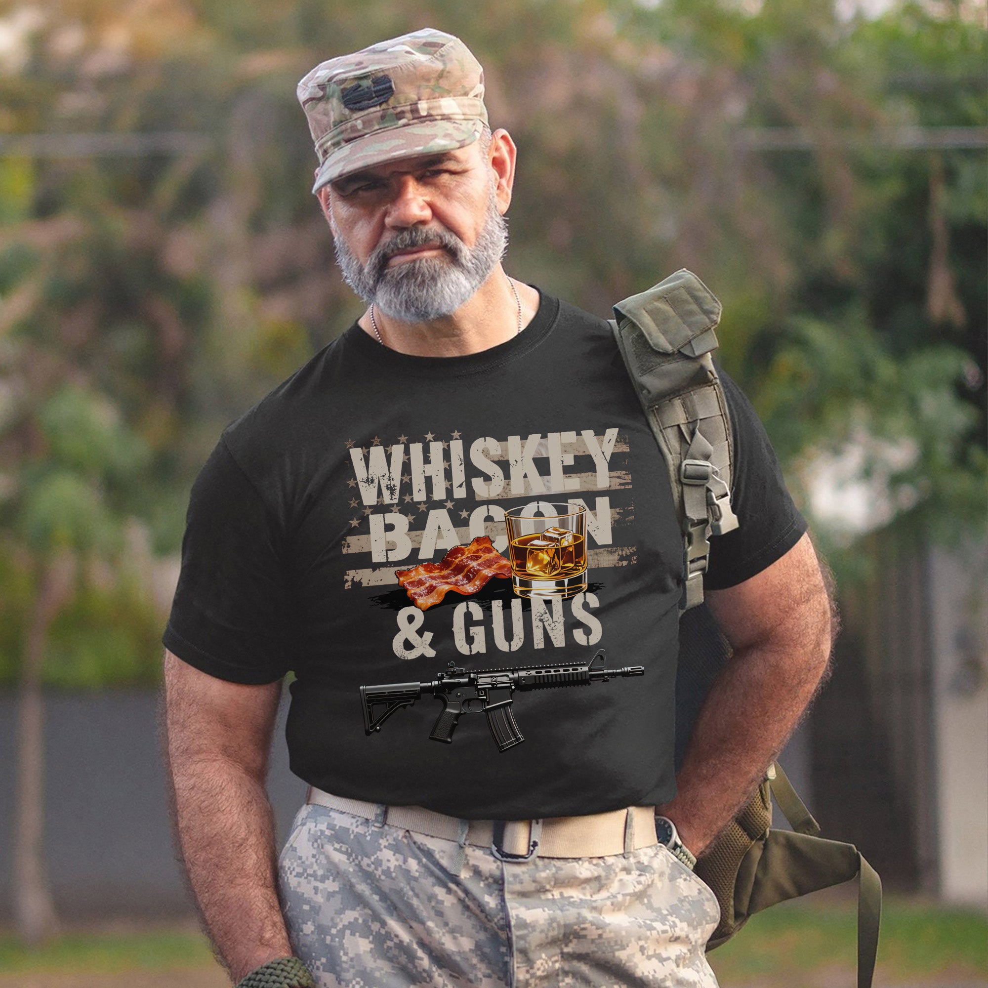 Whiskey Bacon and Guns Proud US Military Veteran Patriotic Humor and Pride T-Shirt