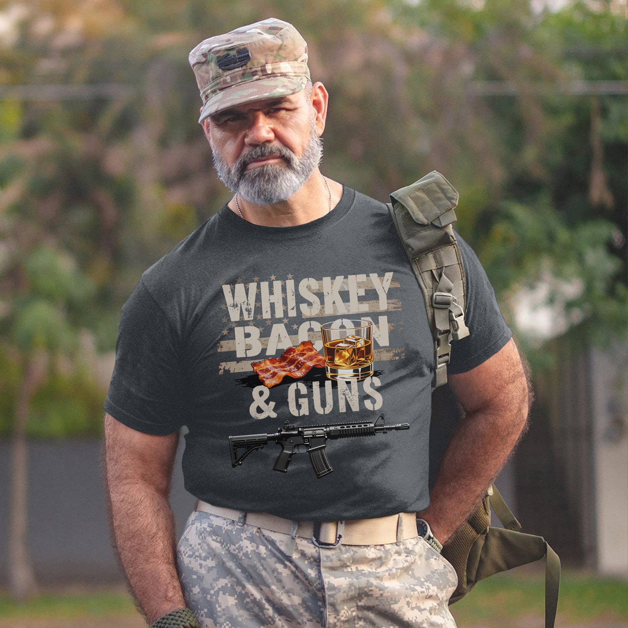 Whiskey Bacon and Guns Proud US Military Veteran Patriotic Humor and Pride T-Shirt