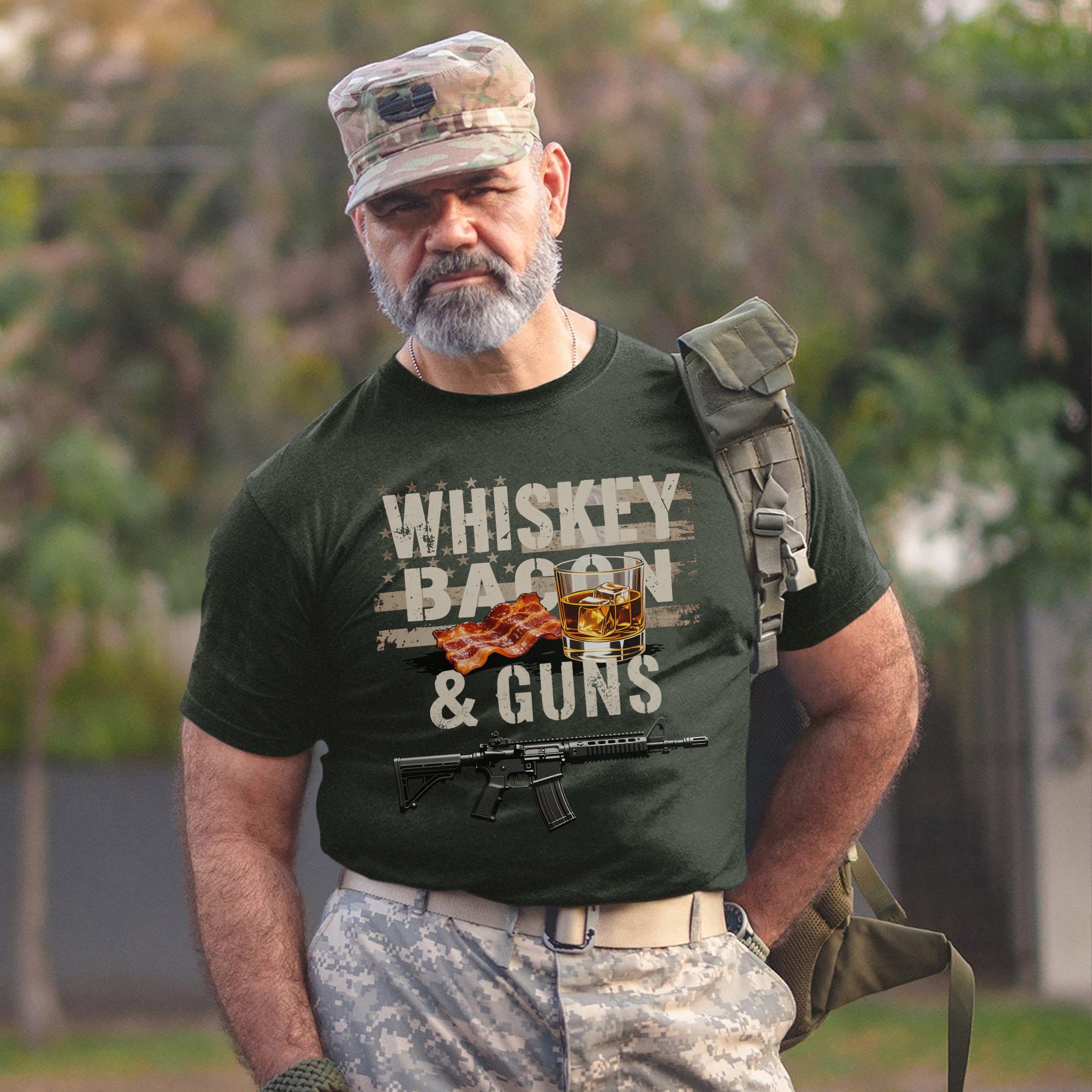 Whiskey Bacon and Guns Proud US Military Veteran Patriotic Humor and Pride T-Shirt