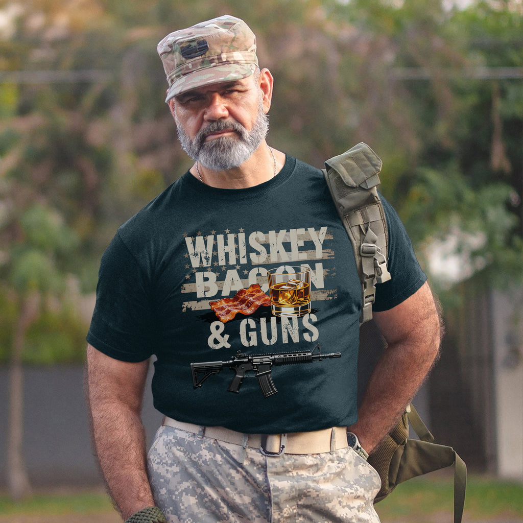 Whiskey Bacon and Guns Proud US Military T-Shirt
