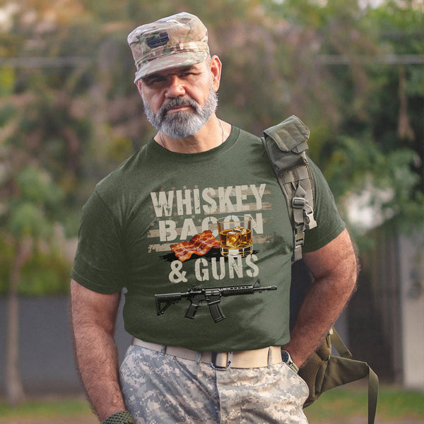 Whiskey Bacon and Guns Proud US Military T-Shirt