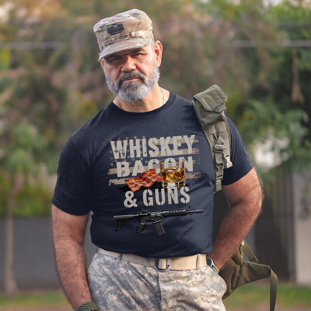 Whiskey Bacon and Guns Proud US Military T-Shirt
