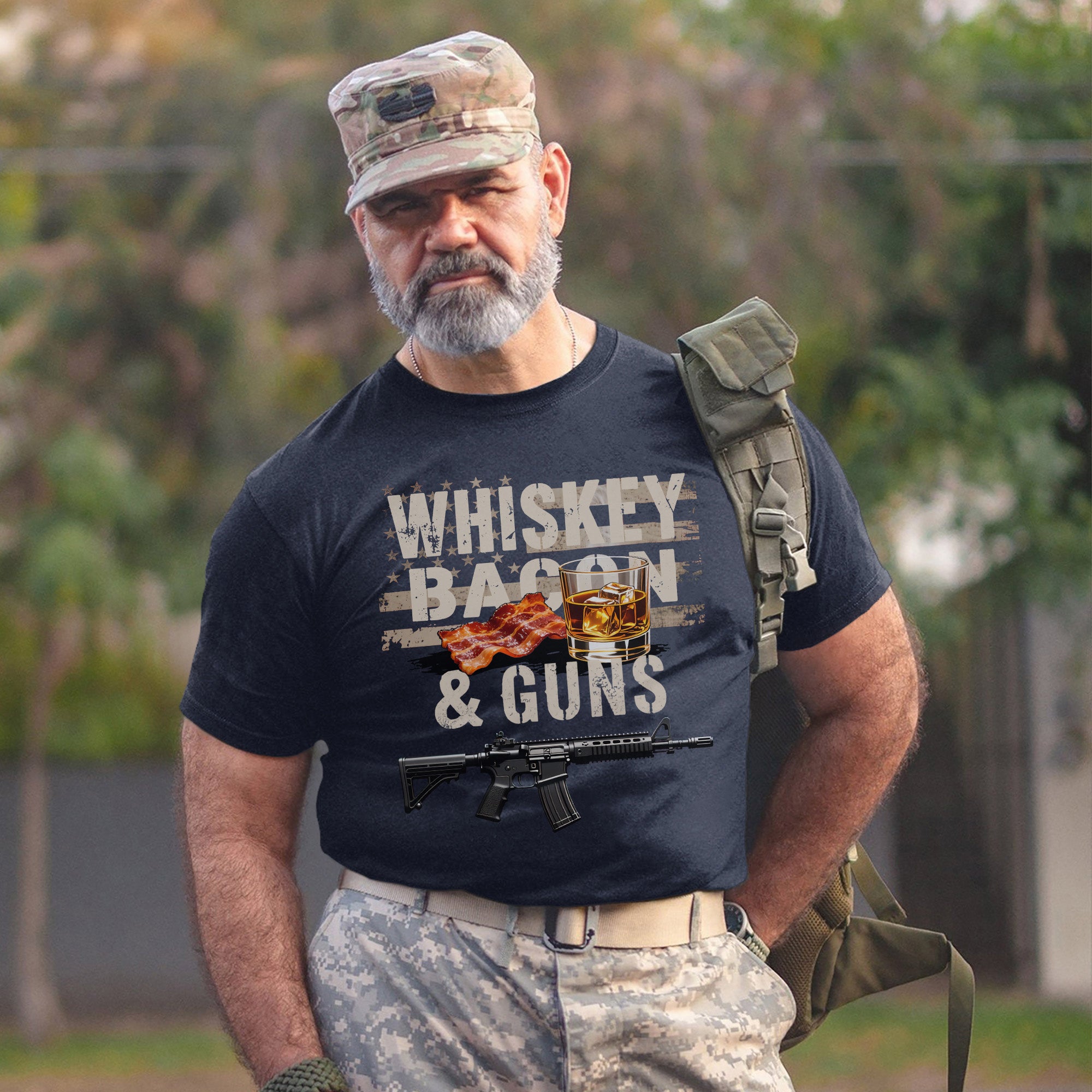 Whiskey Bacon and Guns Proud US Military Veteran Patriotic Humor and Pride T-Shirt