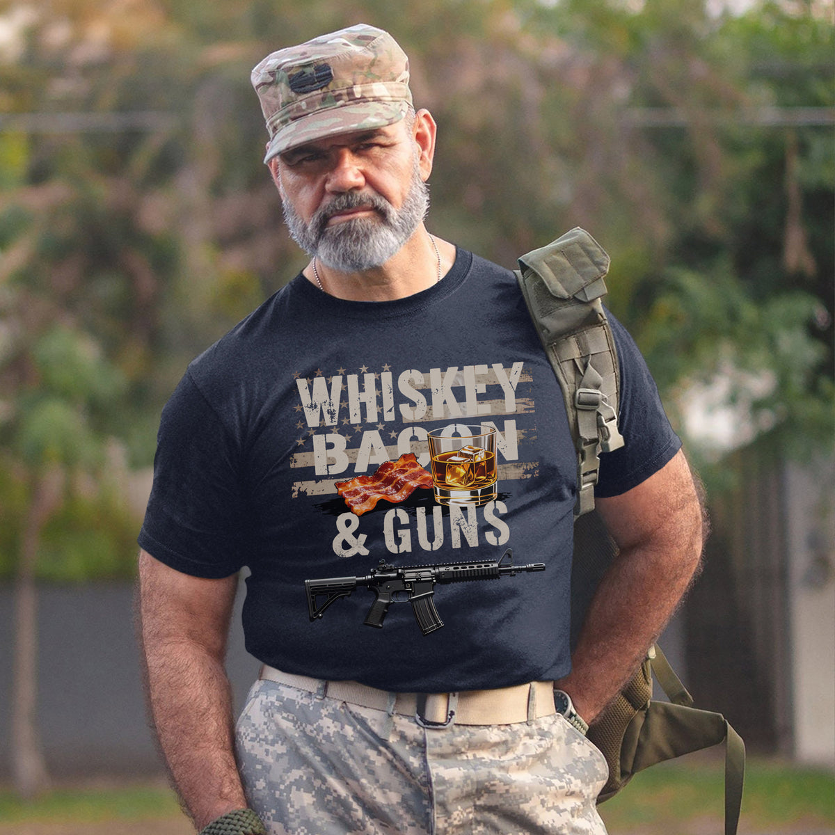 Whiskey Bacon and Guns Proud US Military T-Shirt