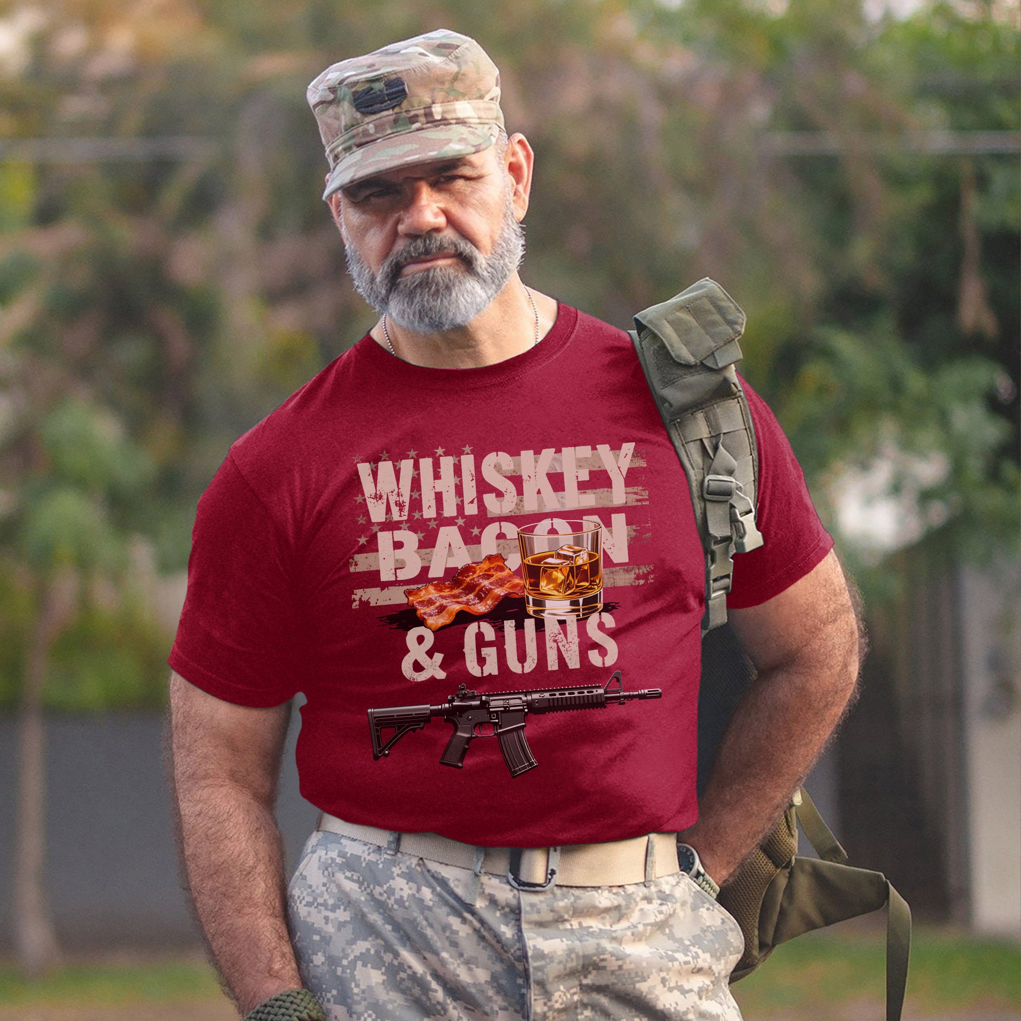 Whiskey Bacon and Guns Proud US Military Veteran Patriotic Humor and Pride T-Shirt