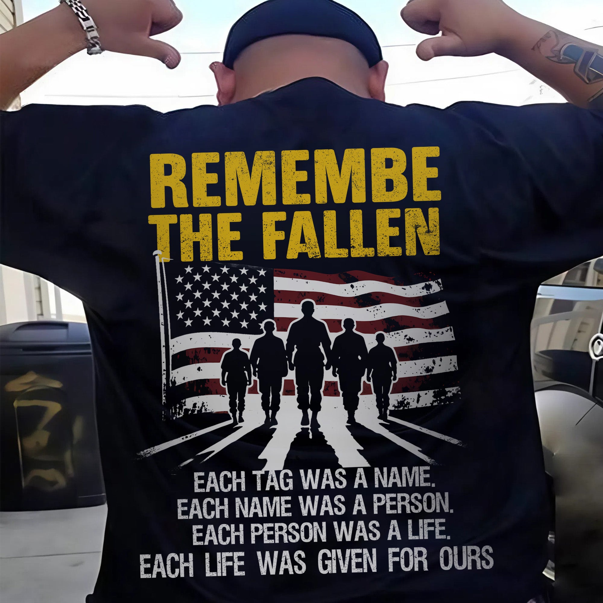 Each Tag a Name Each Name a Person Each Life Given for Ours Remember the Fallen US Military T-Shirt