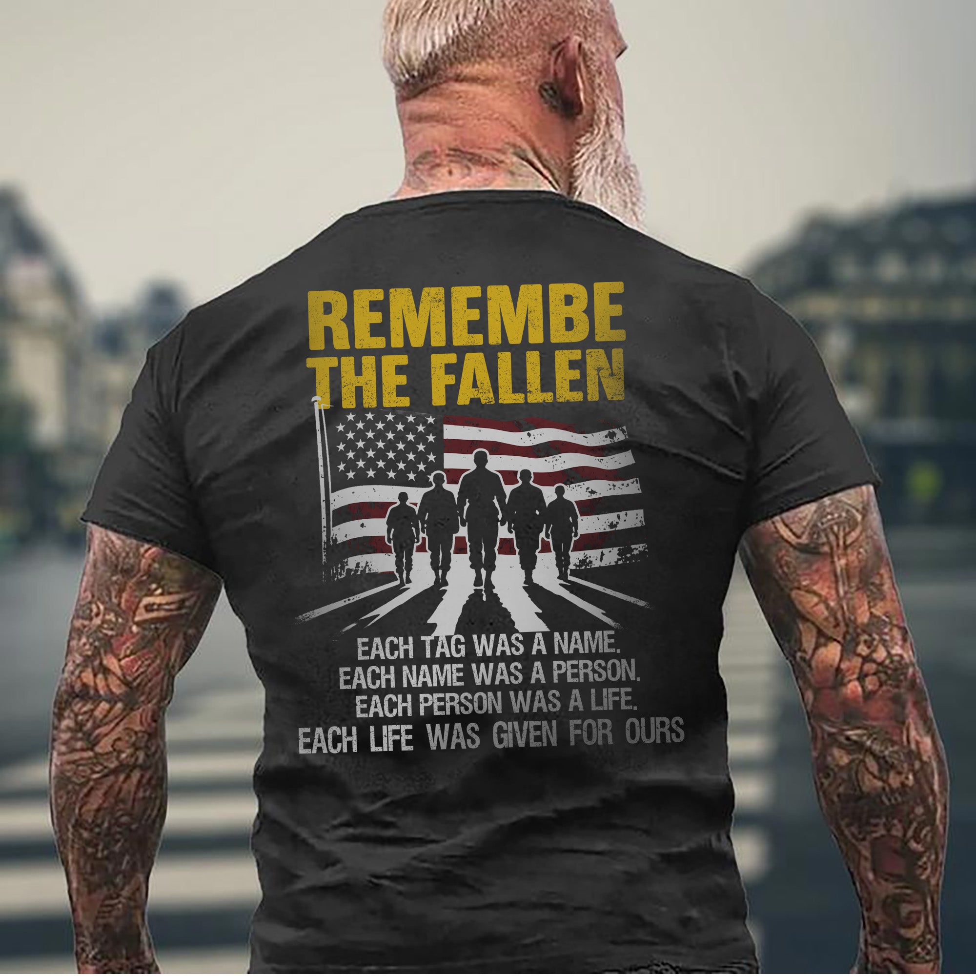 Each Tag a Name Each Name a Person Each Life Given for Ours Remember the Fallen US Military T-Shirt