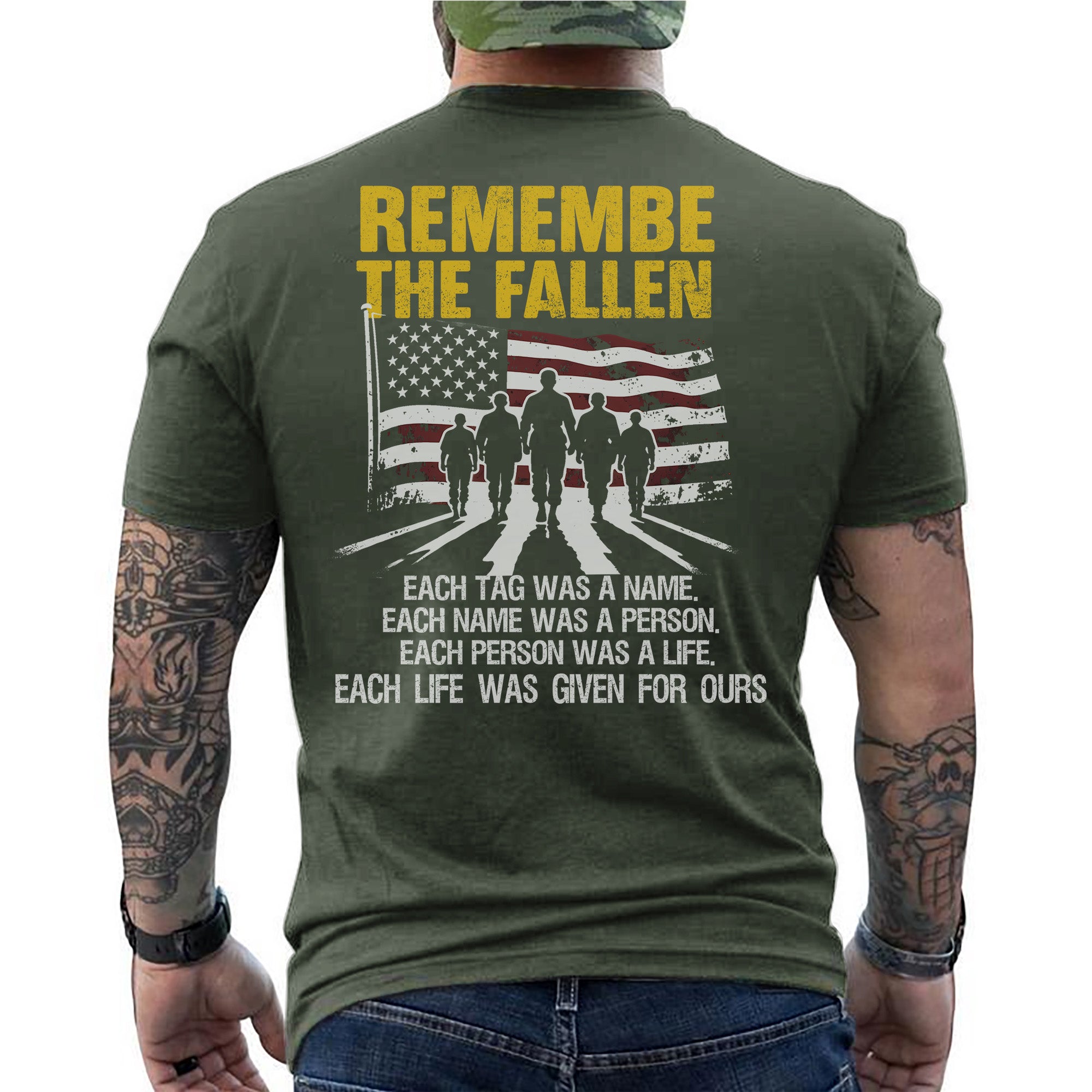 Each Tag a Name Each Name a Person Each Life Given for Ours Remember the Fallen US Military T-Shirt