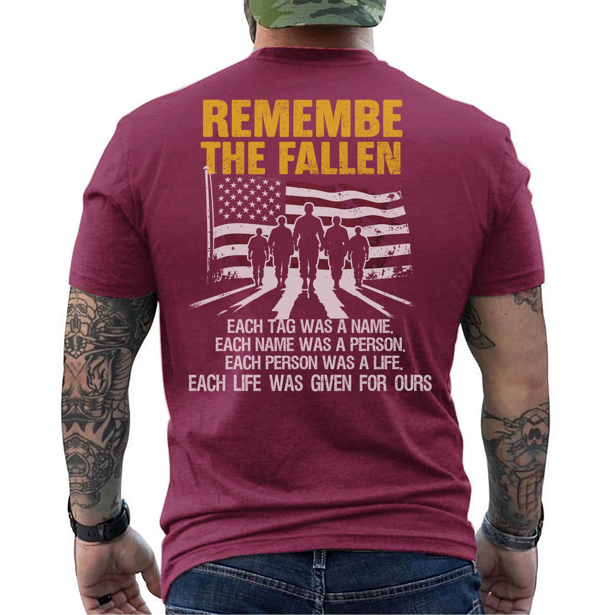 Each Tag a Name Each Name a Person Each Life Given for Ours Remember the Fallen US Military T-Shirt