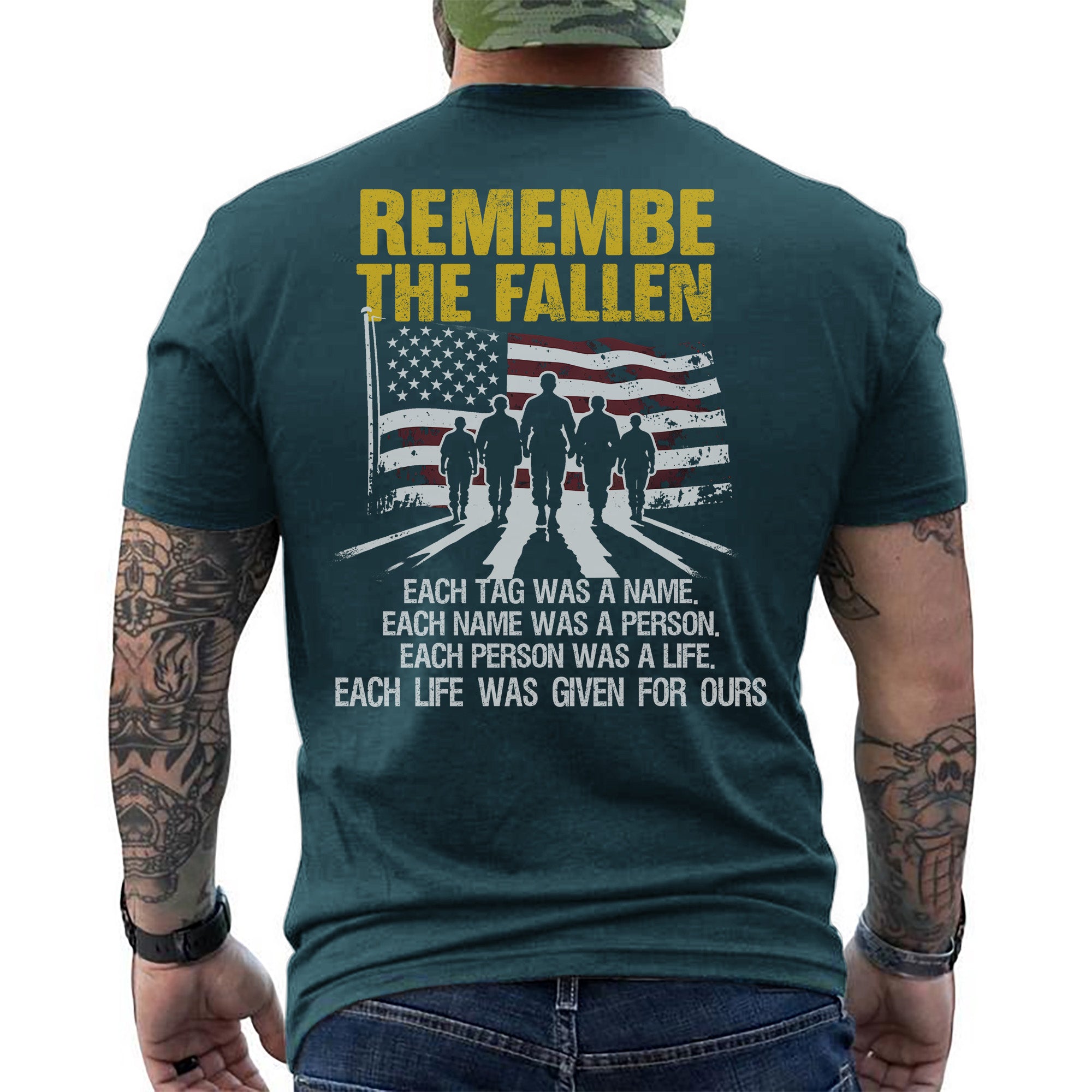 Each Tag a Name Each Name a Person Each Life Given for Ours Remember the Fallen US Military T-Shirt