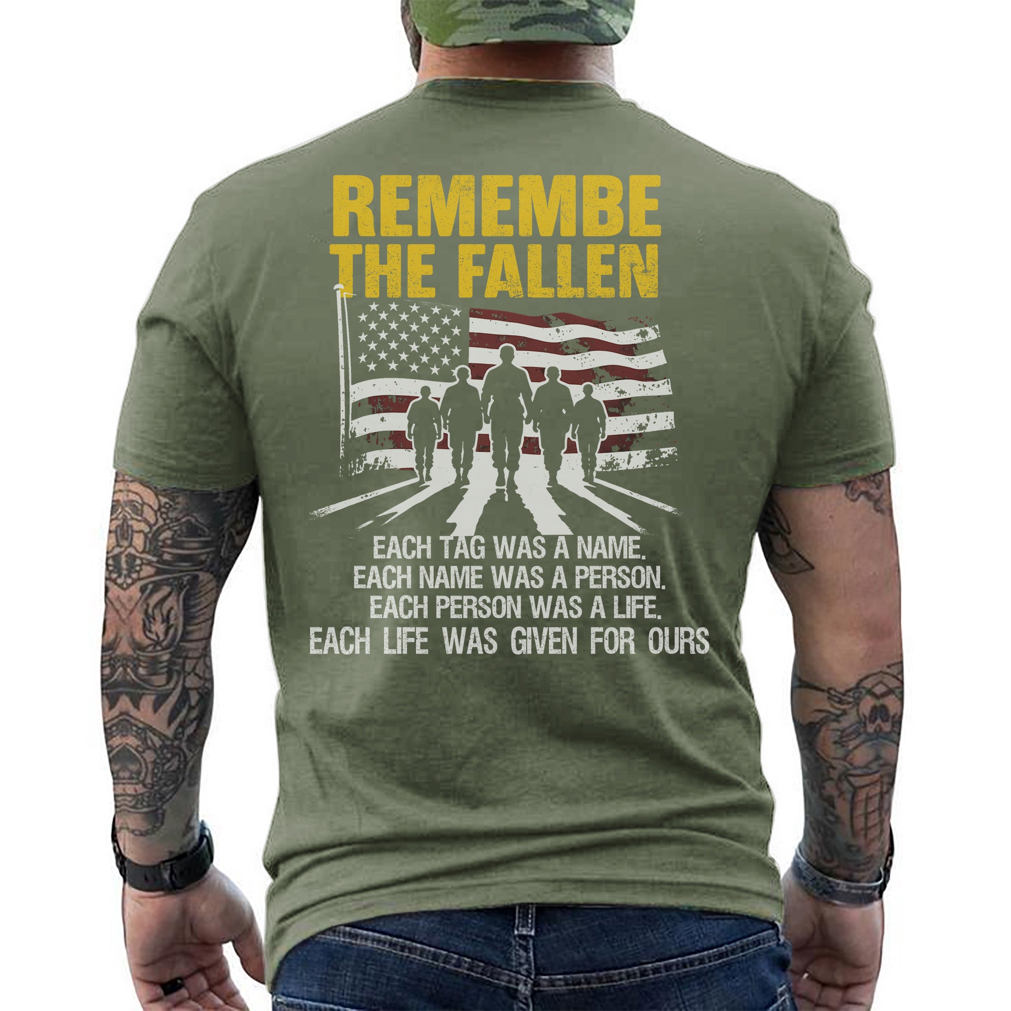 Each Tag a Name Each Name a Person Each Life Given for Ours Remember the Fallen US Military T-Shirt
