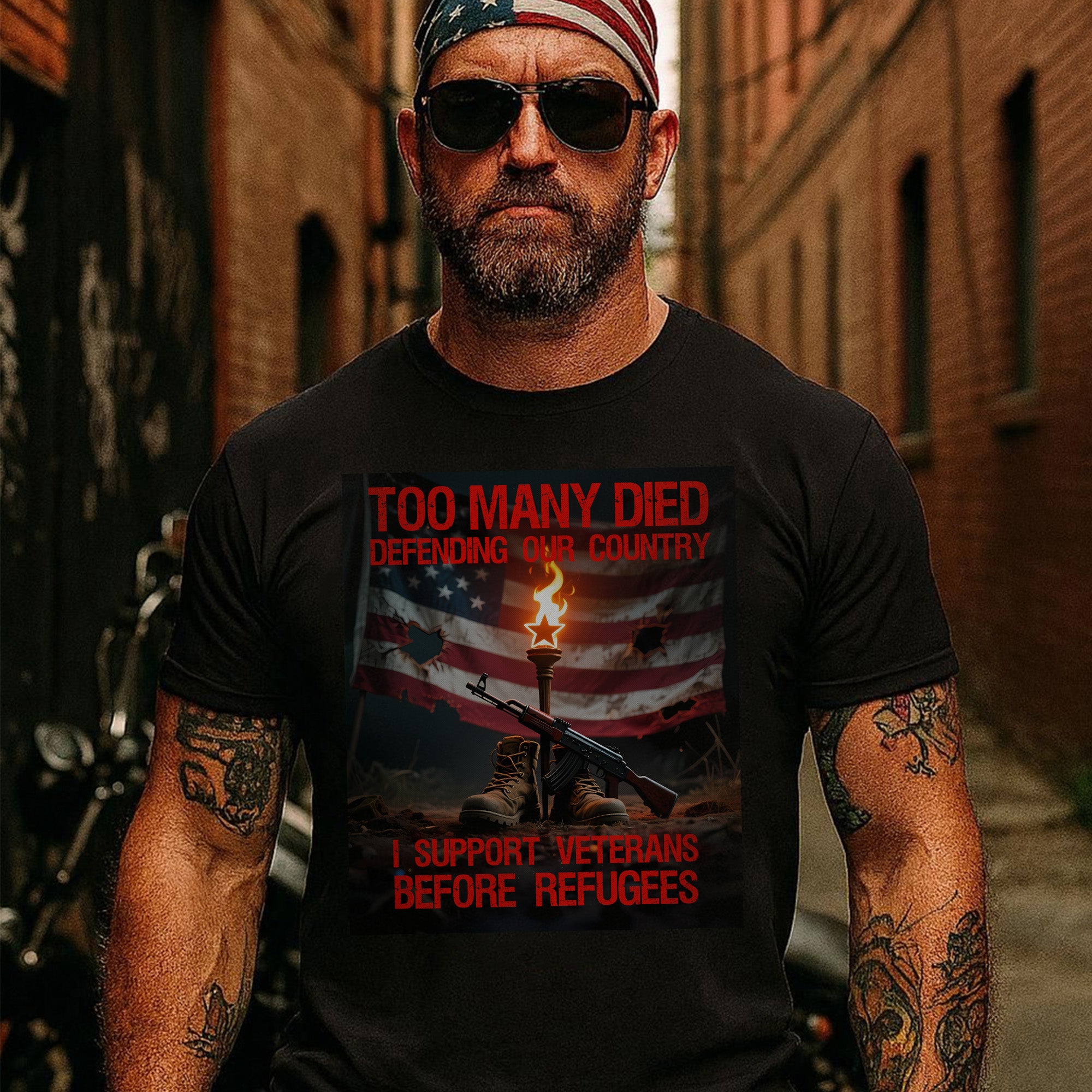 Too Many Died Defending Our Country I Support Veterans Before Refugees US Military T-Shirt