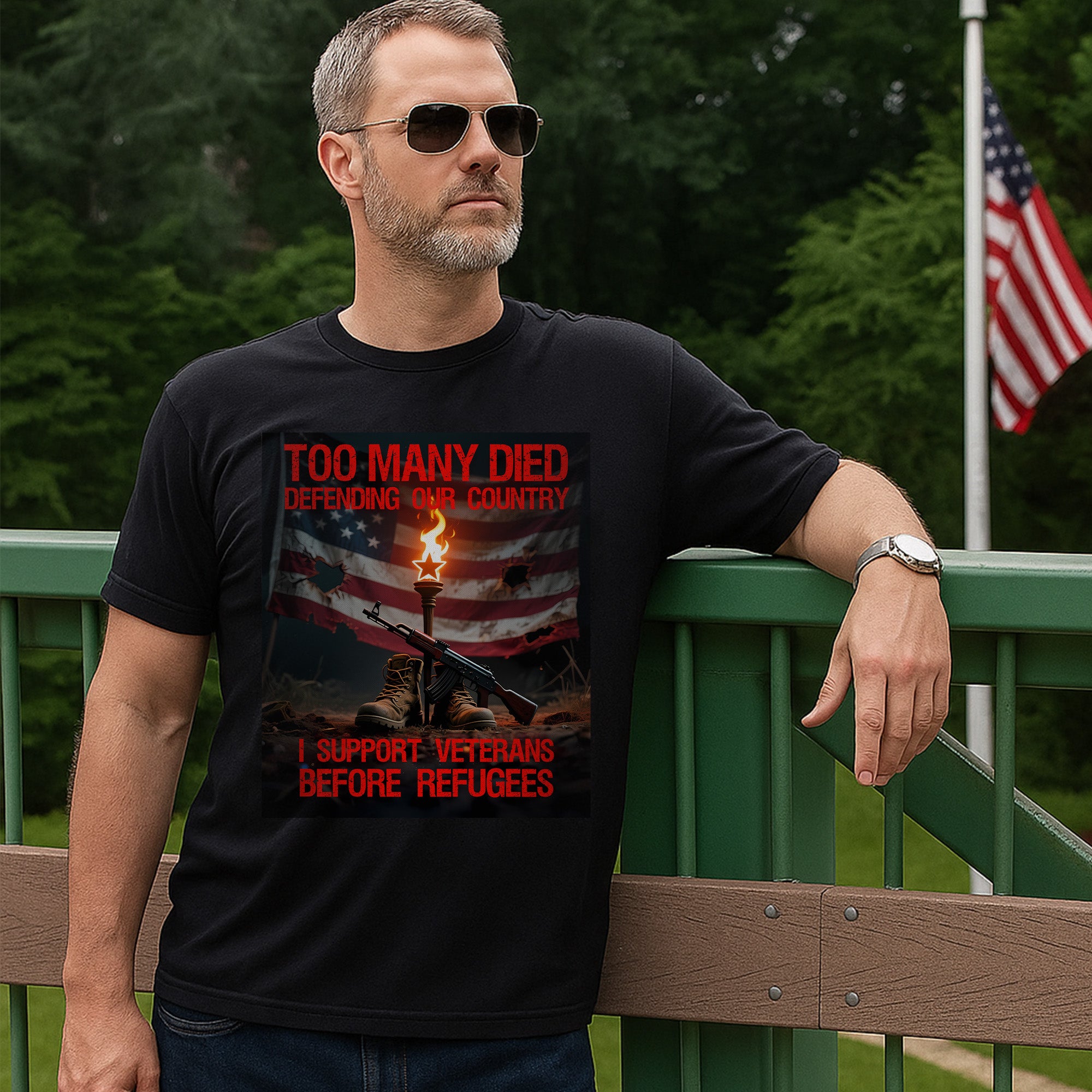 Too Many Died Defending Our Country I Support Veterans Before Refugees US Military T-Shirt