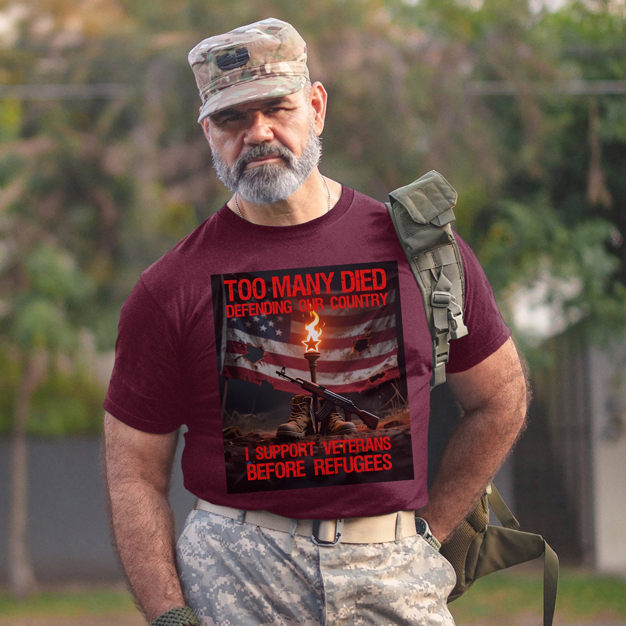 Too Many Died Defending Our Country I Support Veterans Before Refugees US Military T-Shirt