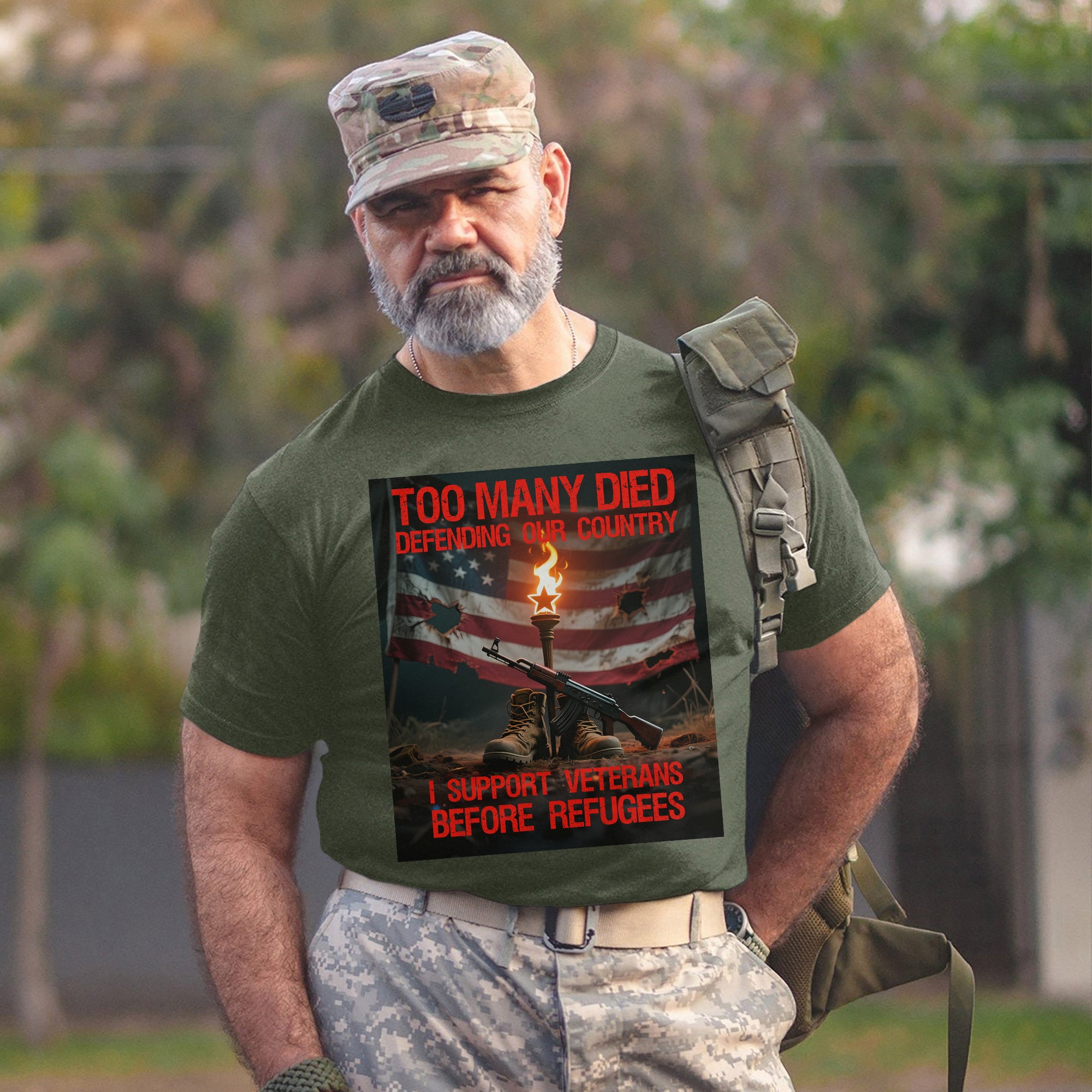 Too Many Died Defending Our Country I Support Veterans Before Refugees US Military T-Shirt