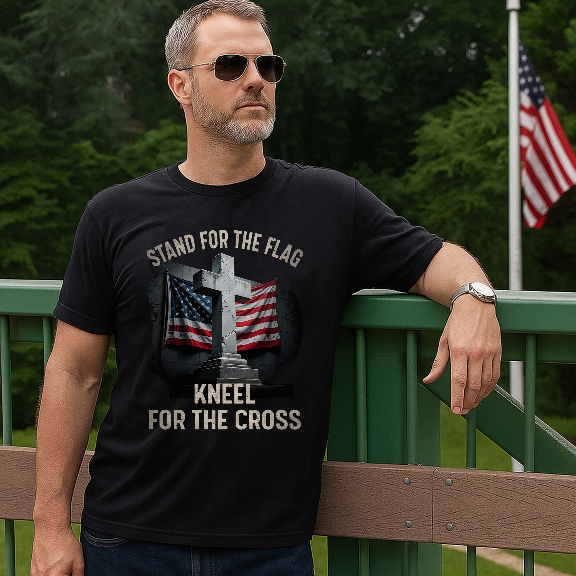 Stand for the Flag Kneel for the Cross Faith and Patriotism United in One Powerful Message T-Shirt