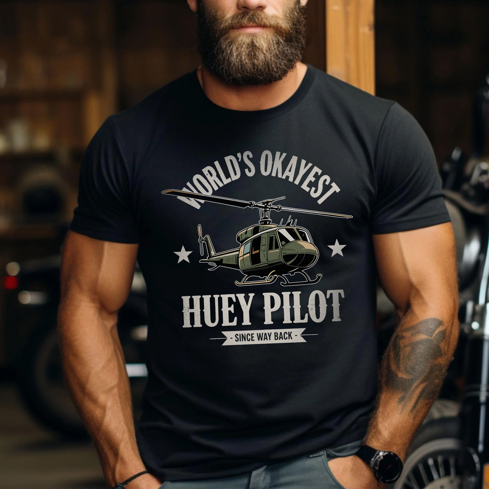 World’s Okayest Huey Pilot Since Way Back Funny and Proud Military Aviation Throwback T-Shirt