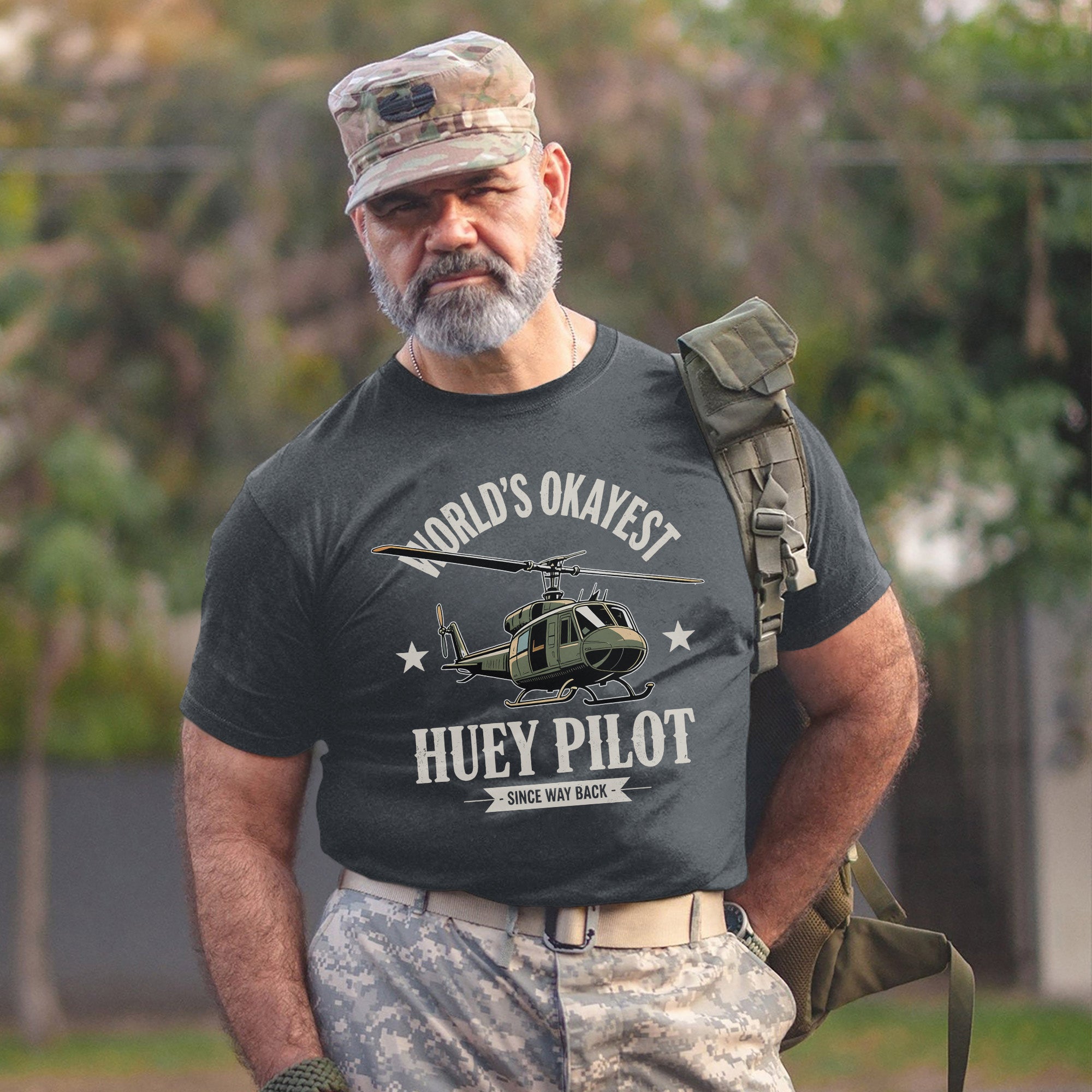 World’s Okayest Huey Pilot Since Way Back Funny and Proud Military Aviation Throwback T-Shirt
