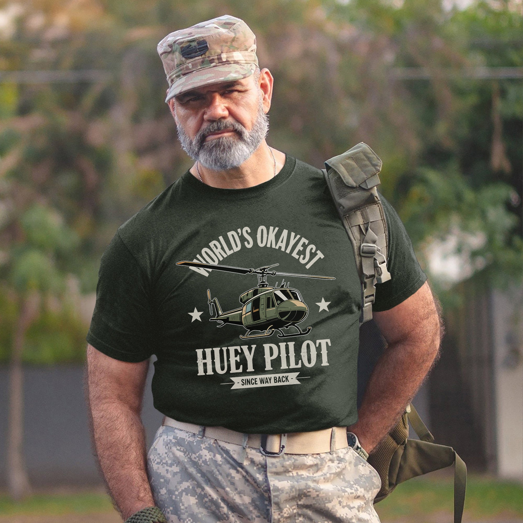 World’s Okayest Huey Pilot Since Way Back Funny and Proud Military Aviation Throwback T-Shirt