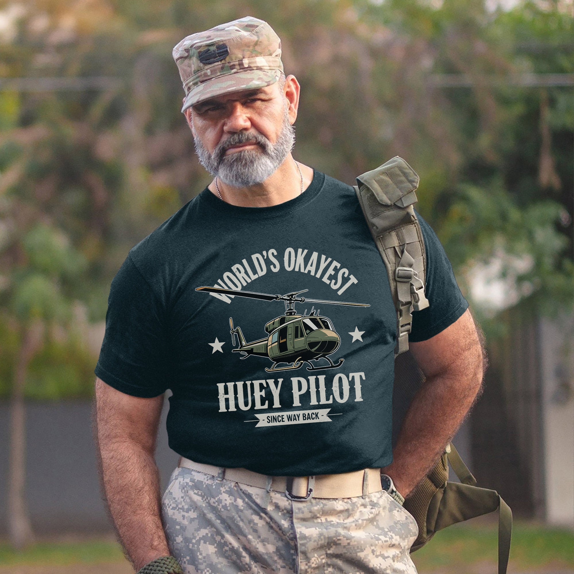 World’s Okayest Huey Pilot Since Way Back Funny and Proud Military Aviation Throwback T-Shirt