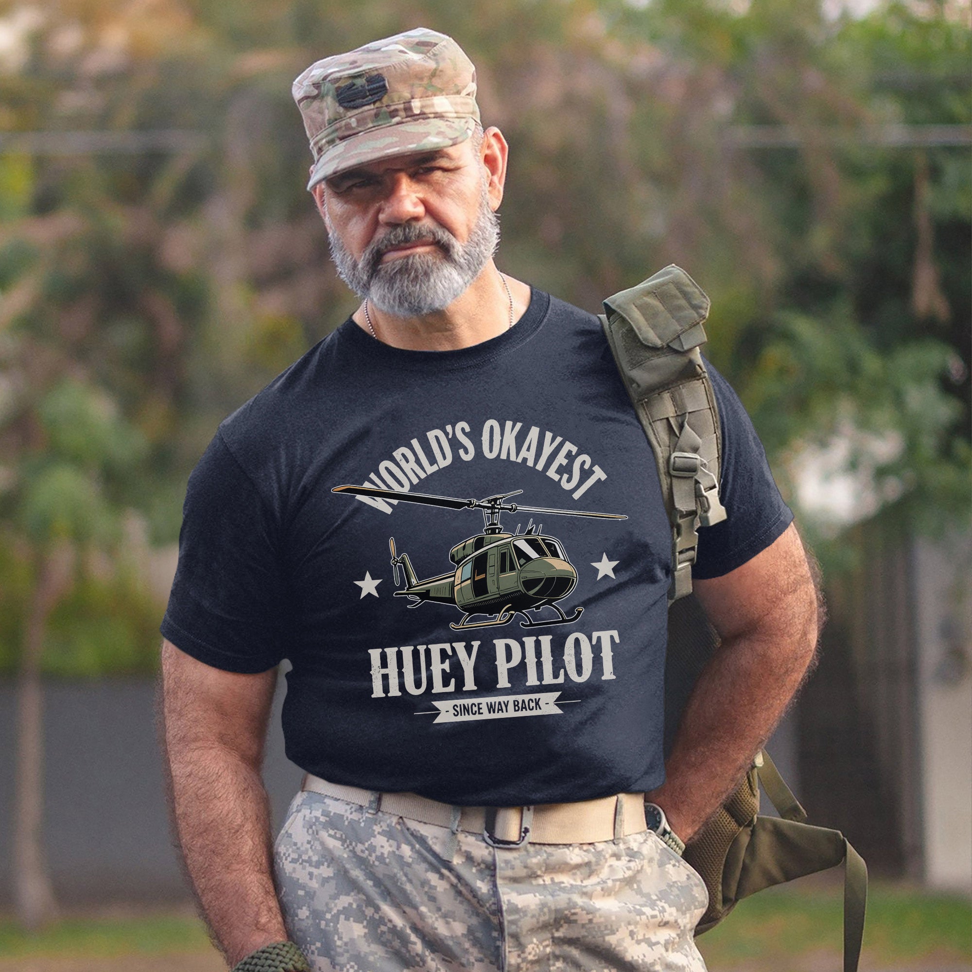 World’s Okayest Huey Pilot Since Way Back Funny and Proud Military Aviation Throwback T-Shirt