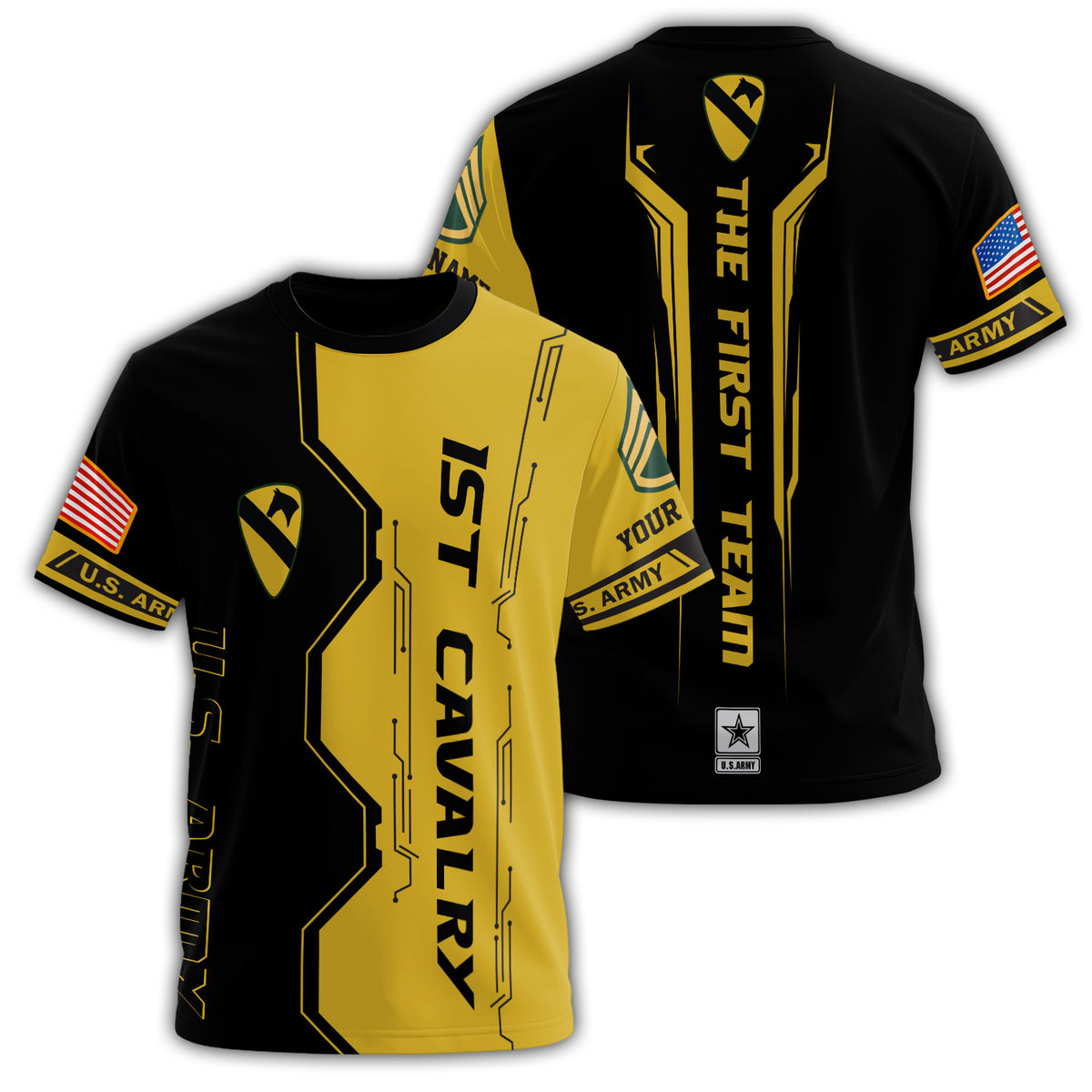 1st Cavalry Division The First Team U.S. Army Black & Gold All-over Print Personalized T-Shirt Main image