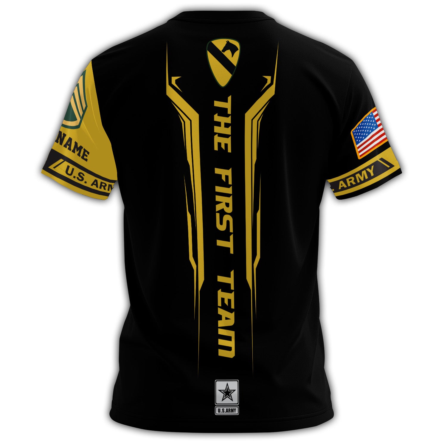 1st Cavalry Division The First Team U.S. Army Black & Gold All-over Print Personalized T-Shirt
