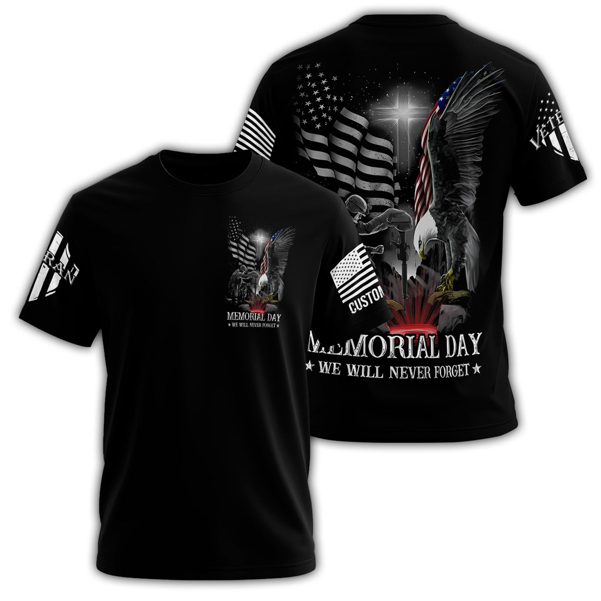 Memorial Day We Will Never Forget Bald Eagle Cross Veteran Black Shirt All-over Print Personalized T-Shirt Main image