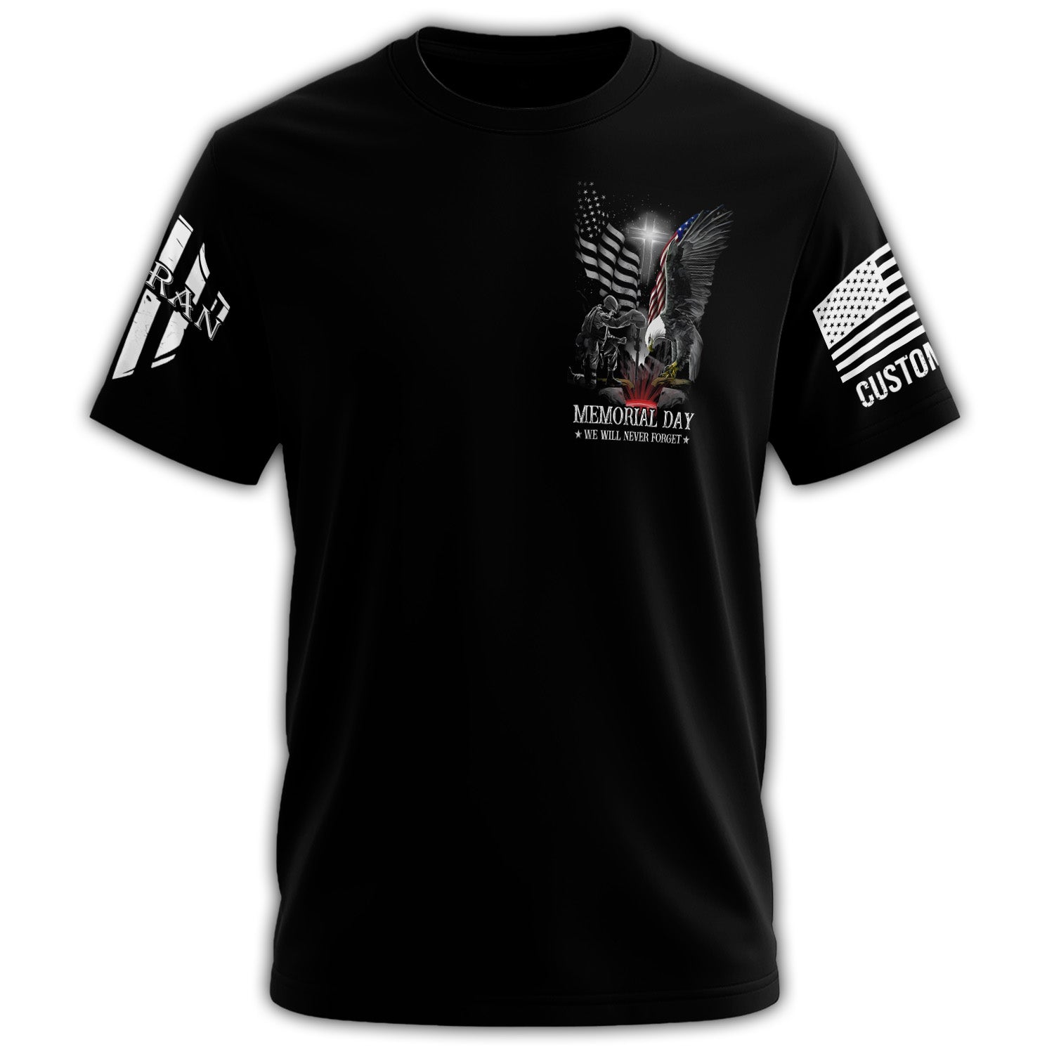 Memorial Day We Will Never Forget Bald Eagle Cross Veteran Black Shirt All-over Print Personalized T-Shirt Secondary image