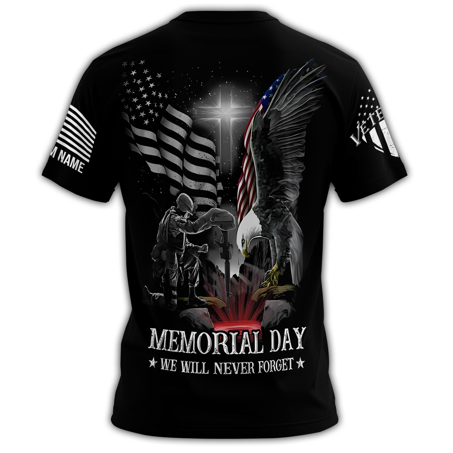 Memorial Day We Will Never Forget Bald Eagle Cross Veteran Black Shirt All-over Print Personalized T-Shirt
