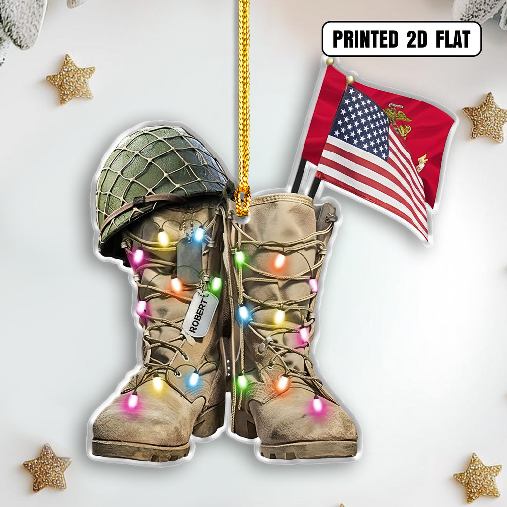 Military Boots Christmas Lights American Flag Veteran Personalized Acrylic Ornament