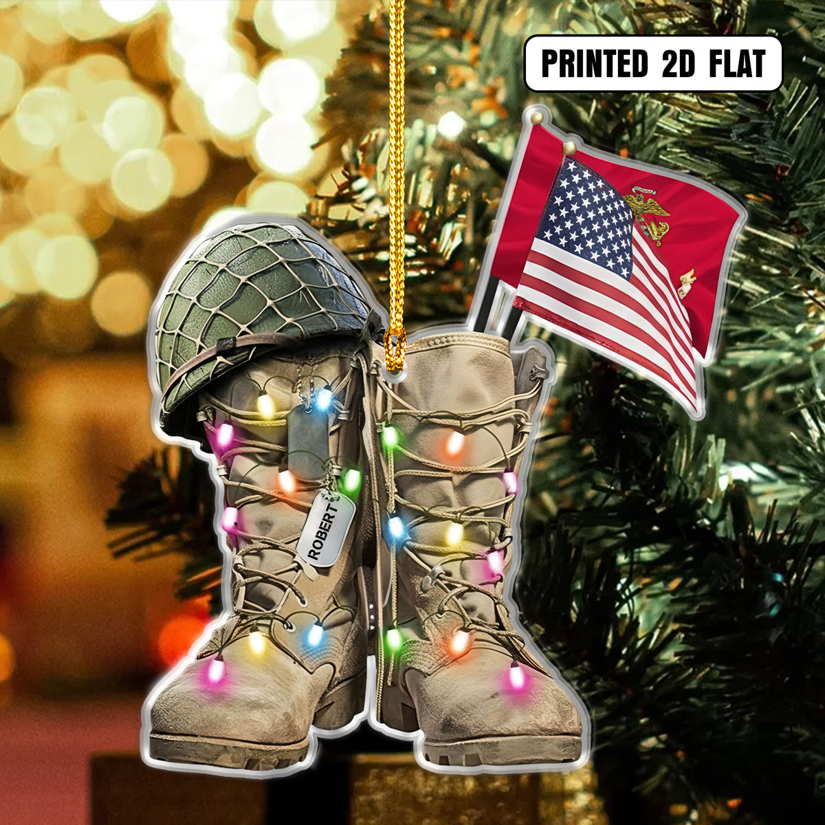 Military Boots Christmas Lights American Flag Veteran Personalized Acrylic Ornament