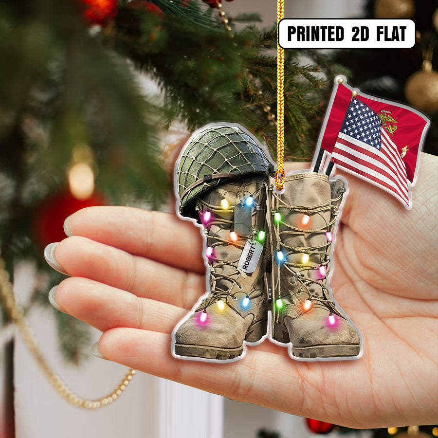 Military Boots Christmas Lights American Flag Veteran Personalized Acrylic Ornament