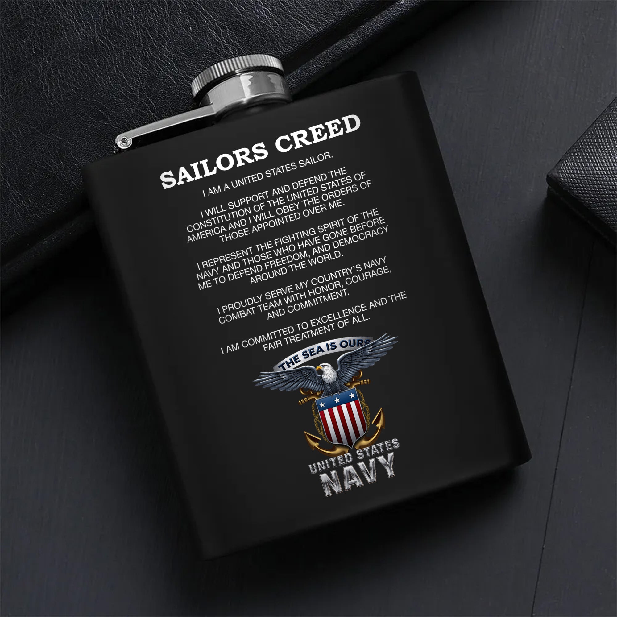 Sailors Creed I Am a United States Sailor I Support and Defend the Constitution Honor Courage Commitment Hip Flask Set