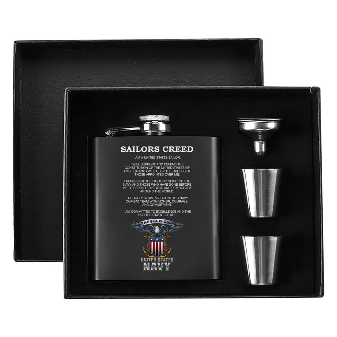 Sailors Creed I Am a United States Sailor I Support and Defend the Constitution Honor Courage Commitment Hip Flask Set