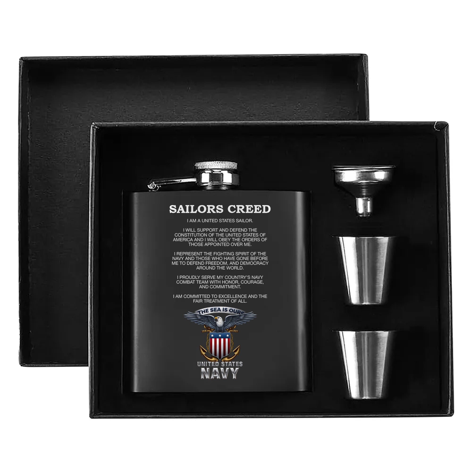 Sailors Creed I Am a United States Sailor I Support and Defend the Constitution Honor Courage Commitment Hip Flask Set