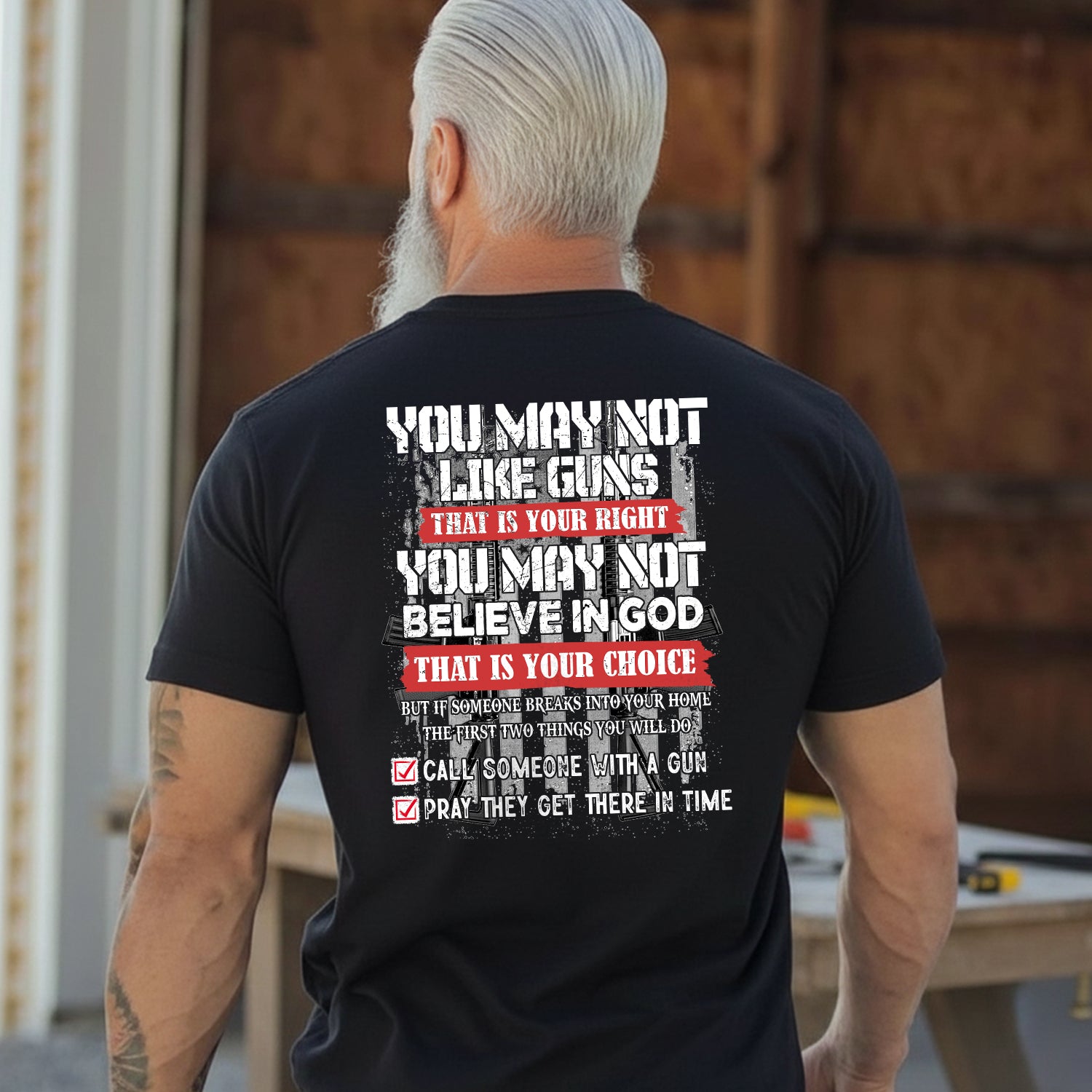 You May Not Like Guns or Believe in God But You’ll Call and Pray T-Shirt Secondary image