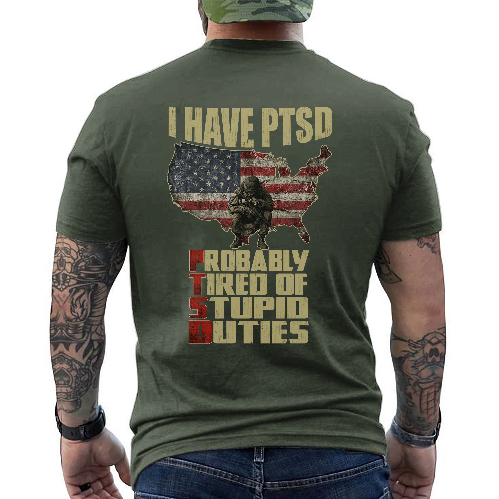 I Have PTSD Probably Tired of Stupid Duties Funny Veteran US Military Patriotic T-Shirt