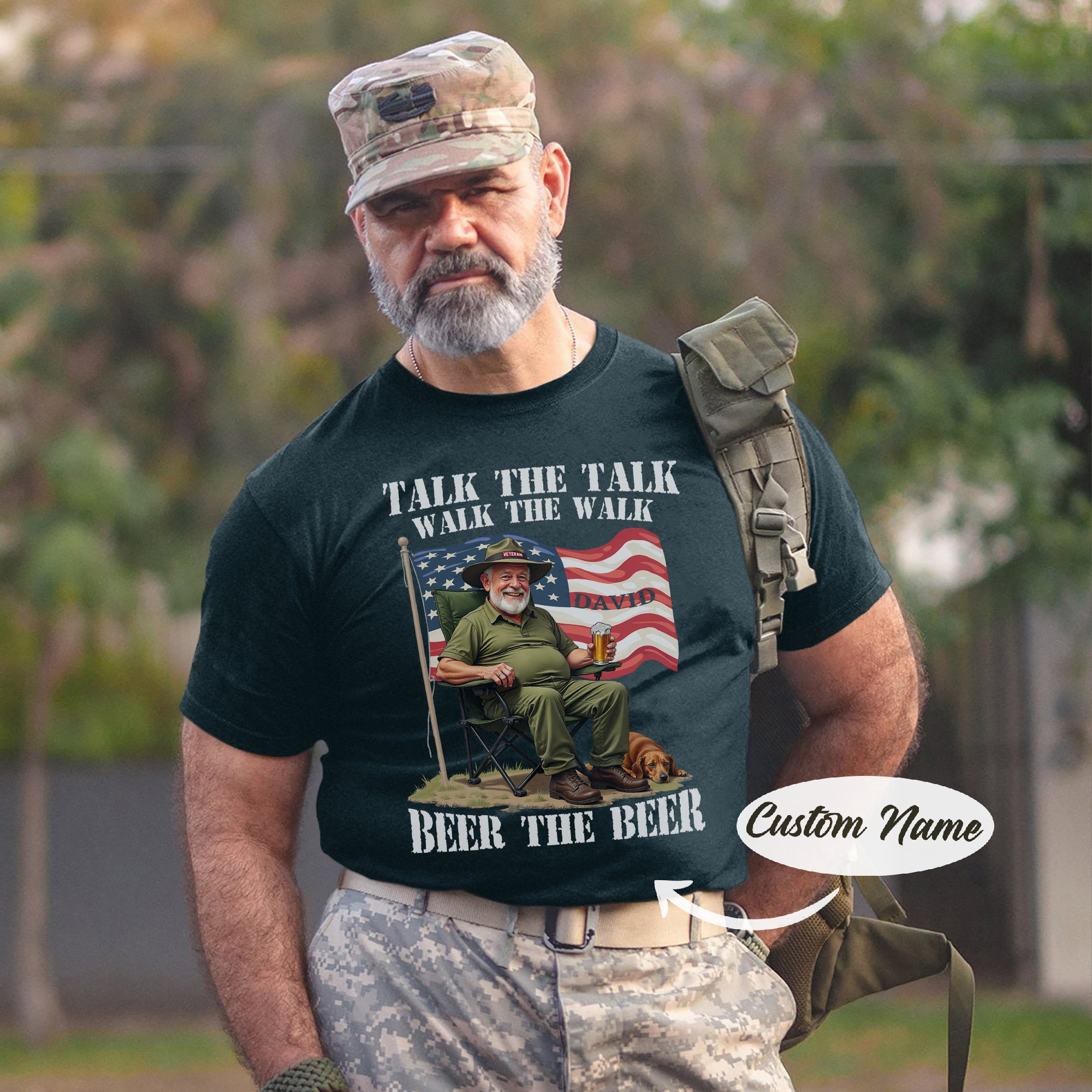 Talk the Talk Walk the Walk Beer the Beer US Military Veteran Humor Personalized T-Shirt