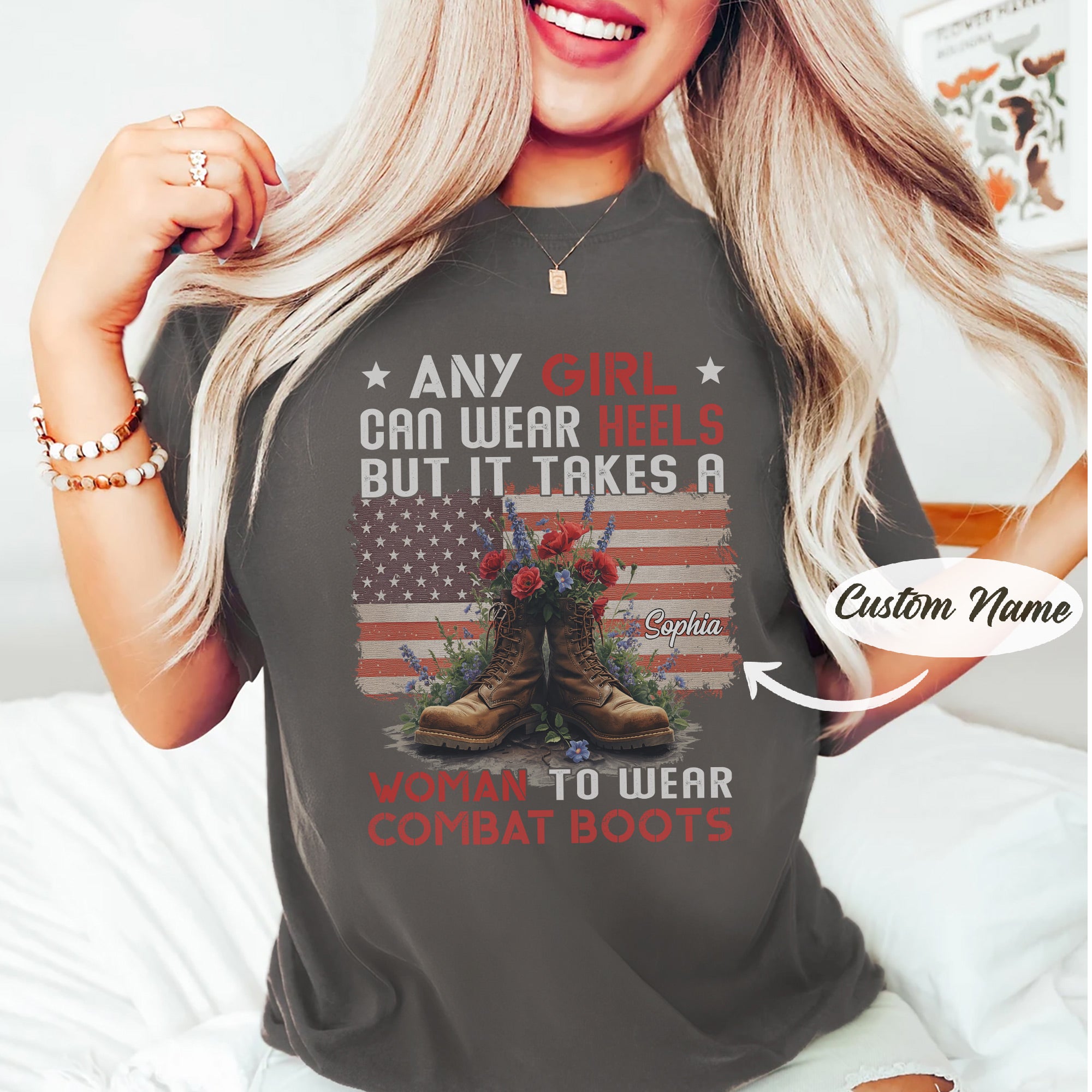 It Takes a Woman to Wear Combat Boots US Military Gift For Female Veterans  Personalized T-Shirt