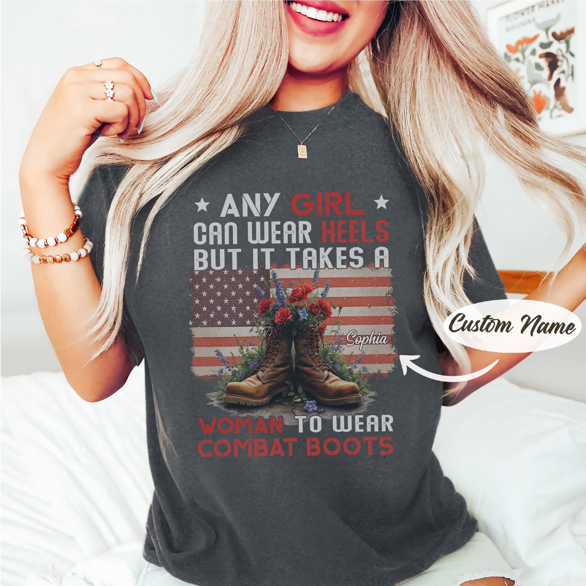 It Takes a Woman to Wear Combat Boots US Military Gift For Female Veterans  Personalized T-Shirt