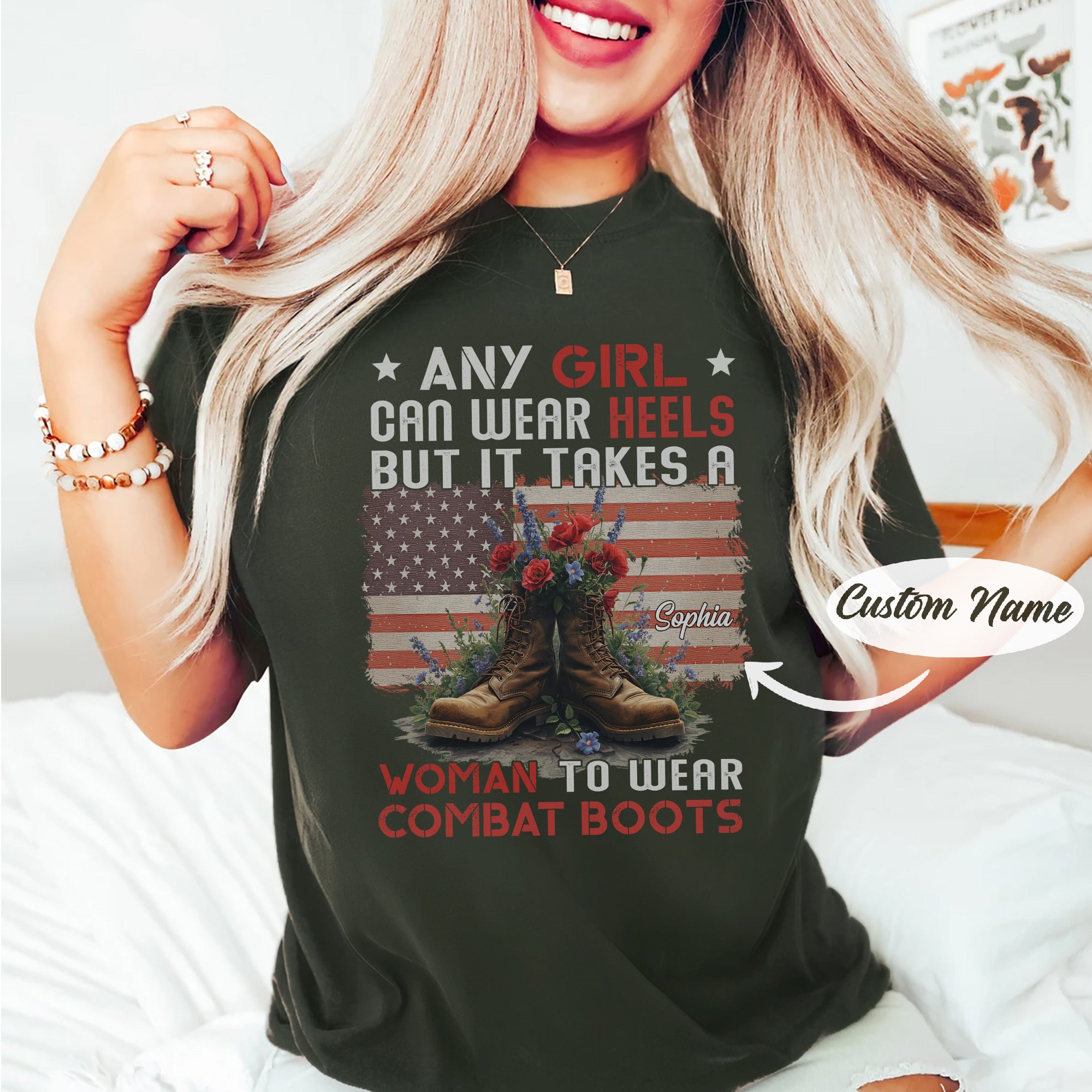 It Takes a Woman to Wear Combat Boots US Military Gift For Female Veterans  Personalized T-Shirt