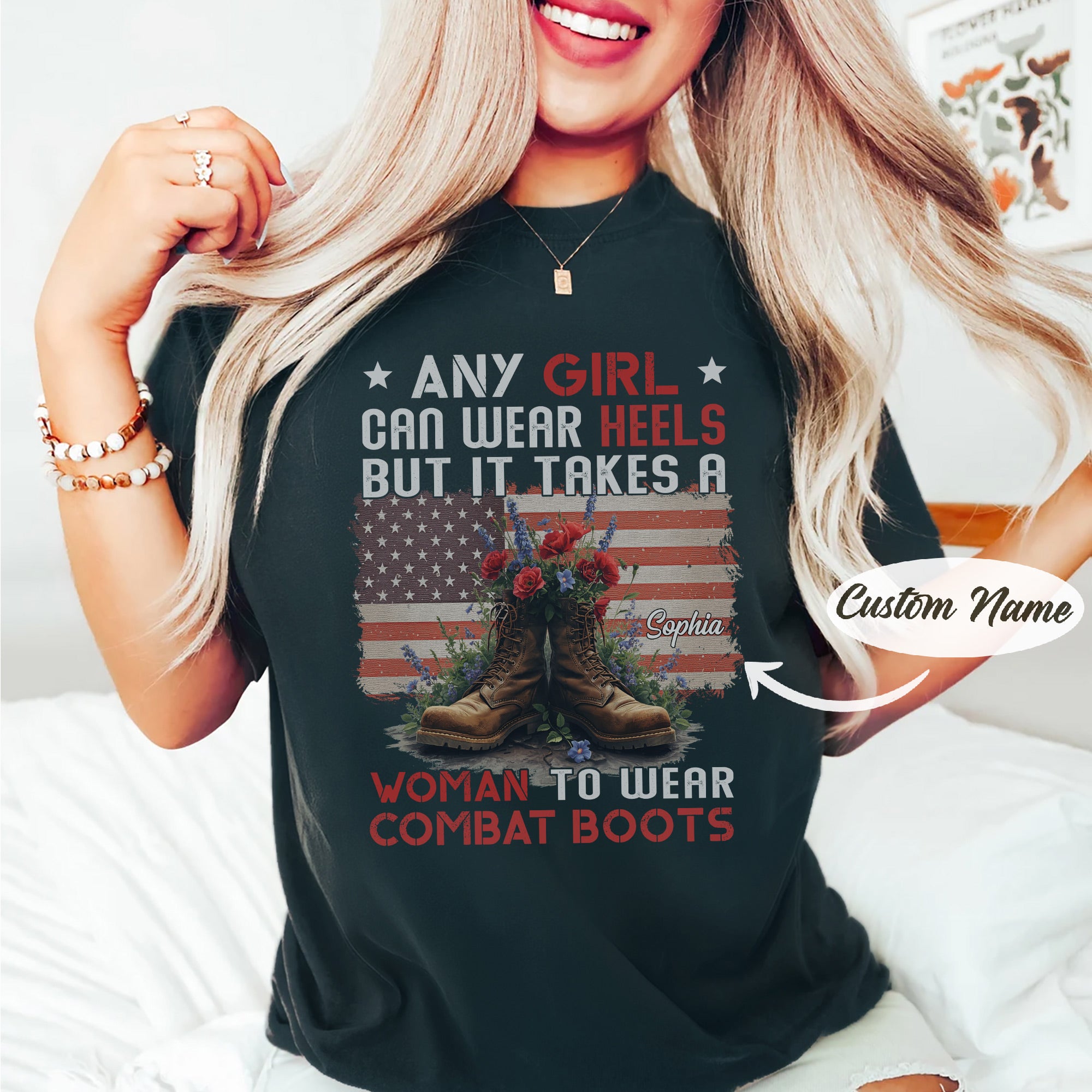 It Takes a Woman to Wear Combat Boots US Military Gift For Female Veterans  Personalized T-Shirt